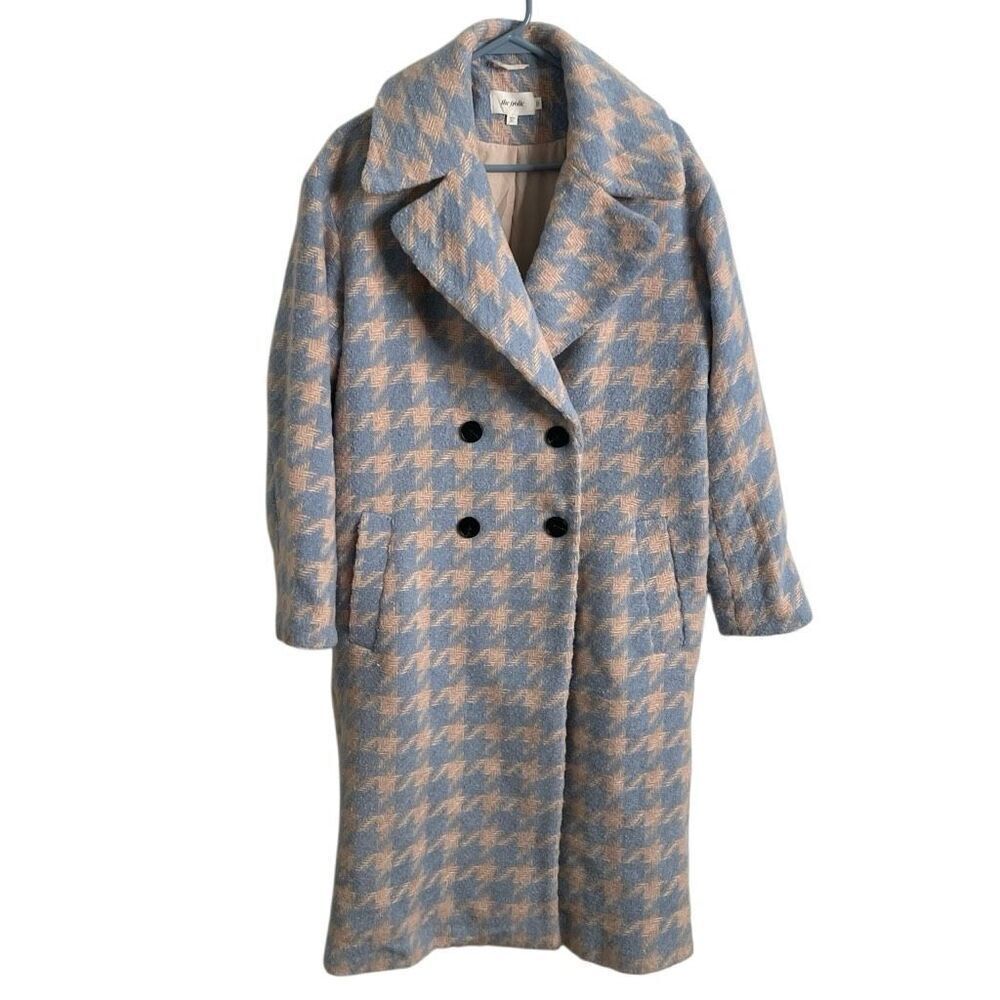 The Frolic Womens Houndstooth Longline Coat 4 Pink Baby Blue Double Breasted
